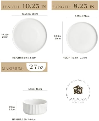 MALACASA Porcelain 12 Pieces Plates and Bowls Set, Dinnerware Set for