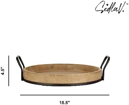 SEDLAV Round Rustic Brown Wood Serving Tray with Metal Handles