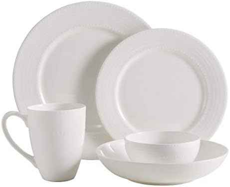 Mikasa Annabelle Bone China Dinnerware Set, 40-Piece Service for 8, White Hobnail Detail, Dinner Plates, Salad Plates, Bowls and Mugs, Dishwasher and Microwave Safe