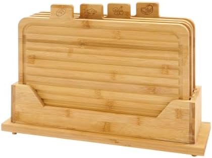 4 Pack 13.2"L x 8.9"W Bamboo Cutting Boards with Holder and Food Icons