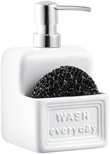 RQYIXI Ceramic Soap Dispenser with Sponge Holder, White, 15 Oz