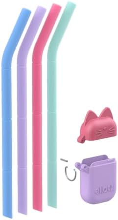 Ello Impact Reusable Silicone Straws with Carry Case, 6 Pack, Cat