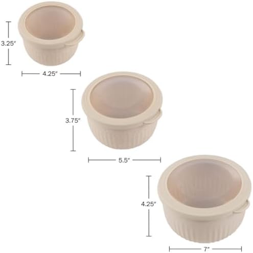 Classic Cuisine Bowls with Lids, Beige, Set of 3, 7”/5.5”/4.25”