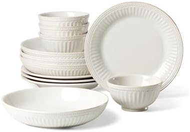 Lenox French Perle Groove White Stoneware Dinnerware Set with Dinner Bowls