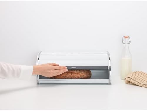 Brabantia Roll Top Bread Box | Large | White | Metal Front Opening Bread Store for Kitchen Countertop | Partly Flat Top for Extra Storage, Magnet Closing Lid | Fits 2 Loaves