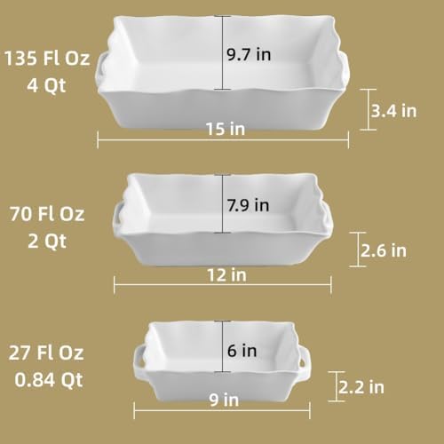 Sweejar Ceramic Rectangular Bakeware Set of 3, White