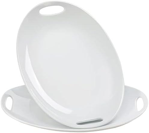 Buyajuju Porcelain Serving Platter with Handles, 14" Serving Dishes for Entertaining, Oval Serving Tray for Salad, Stew, Fruits and Pasta, Set of 2, White