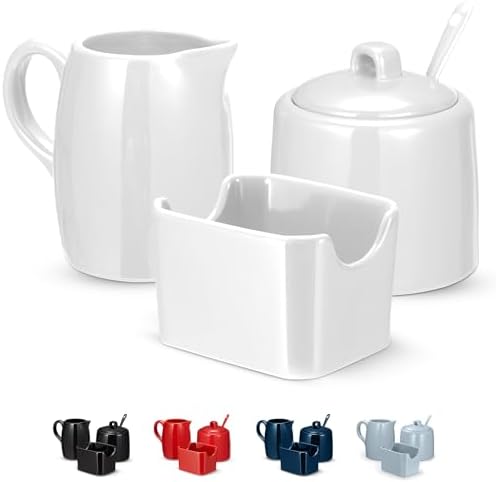 KooK Sugar and Creamer Set, 3 Piece, Pitcher, Sugar Bowl with Lid and