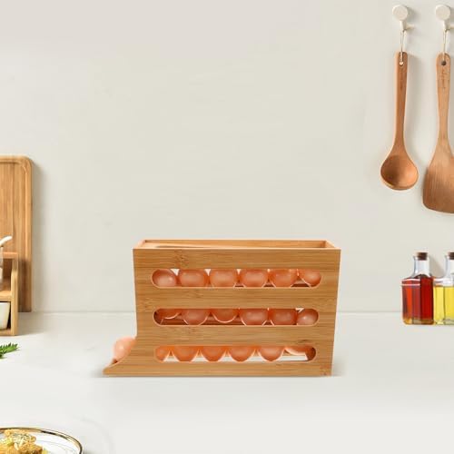 Wooden Rolling Egg Dispenser Rack for Fridge, 4 Tier Organizer