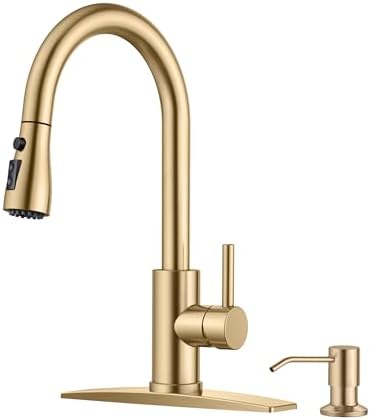 FORIOUS Kitchen Faucet with Soap Dispenser, Pull Down Sprayer, Brushed