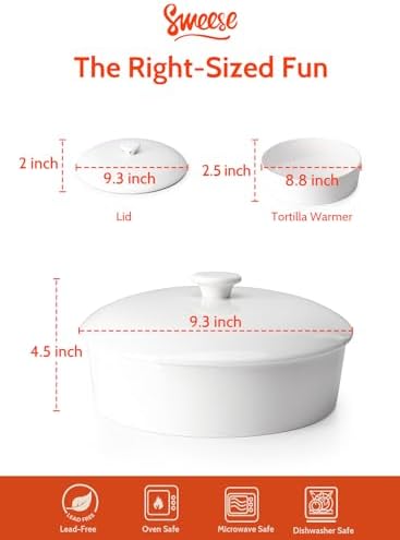 Sweese Ceramic Tortilla Warmer - Holds 12 Tortillas, Microwave & Oven