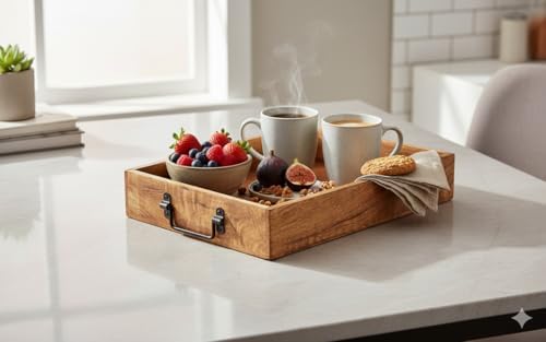 Wooden Decorative Serving Tray with Metal Handles | Wood Trays for