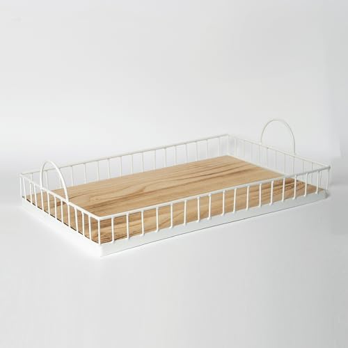 Rectangular Wooden Serving Tray with Wire Frame Metal Handles
