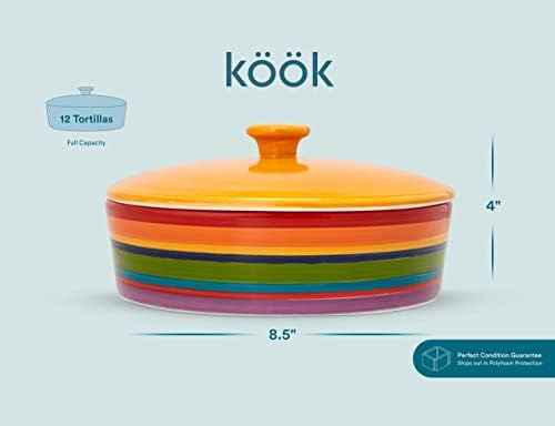 Kook Ceramic Tortilla Warmer, Hand Painted, with Lid, Rainbow Fiesta