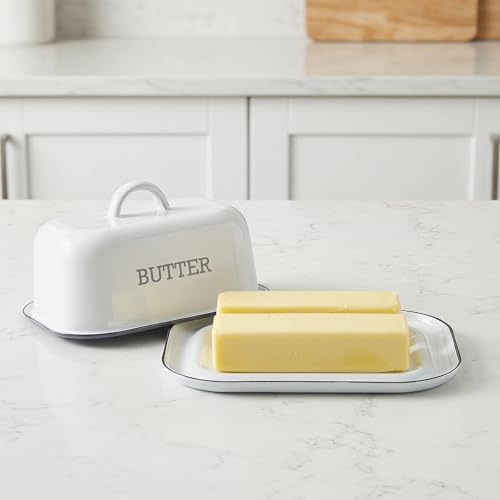 Enamel Butter Dish with Lid for Countertop, Vintage White Large Butter