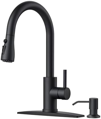 FORIOUS Black Kitchen Faucet, Pull Down Sprayer, Soap Dispenser