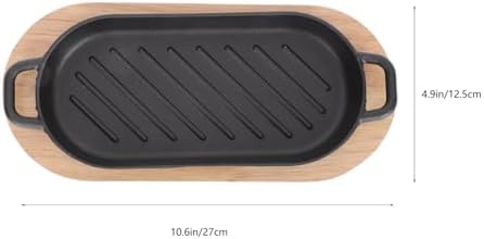 DOITOOL Cast Iron Plate for Grilling Steak Plate Teppanyaki for Steak Eel and Grilled Fish 10.62 X 4.92 X 0.78 in with Wooden Tray for Home Cooking Party Serving and Barbecue