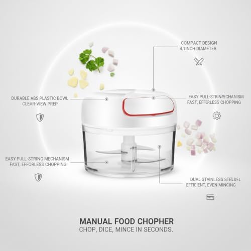 Quick Prep Manual Food Chopper, Compact Pull-String Garlic Mincer with