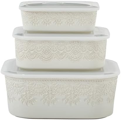 6-Piece Ceramic Nesting Baking Dishes with Lids, Vintage Lace Pattern