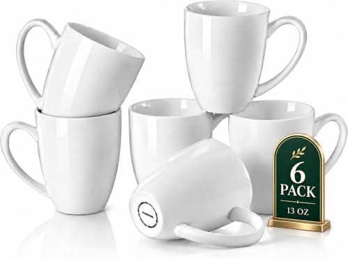 White Porcelain Coffee Mugs Set of 6, 13 Ounce Coffee Cups with