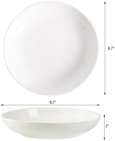 White Ceramic Pasta Bowls Set of 4, 8.7 Inch Large Deep Salad Plates
