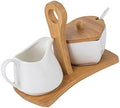Ceramic Sugar Bowl and Cream Pitcher Set with Bamboo Tray Spoon