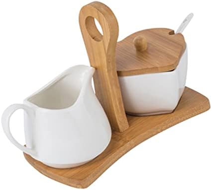 Ceramic Sugar Bowl and Cream Pitcher Set with Bamboo Tray Spoon