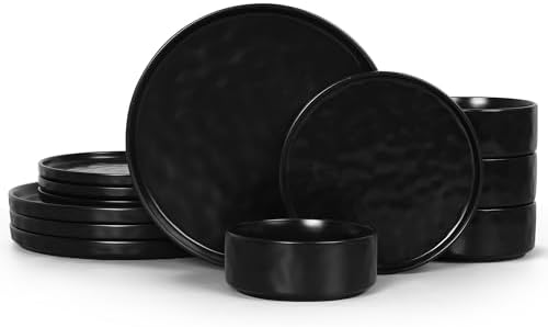 LIANYU 12 Pieces Stoneware Dinnerware Set for 4, Obsidian Matte Black