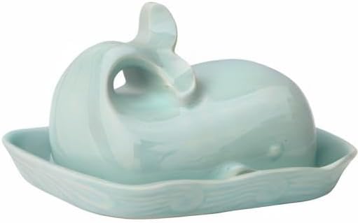 Creative Co-Op Stoneware Whale Butter Dish with Embossed Wave Detail