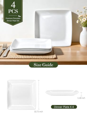 Porcelain Square Dinner Plates, 10.75 Inch White Plates, Set of 4