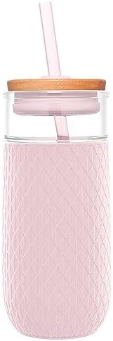 Ello Devon 18oz Glass Tumbler with Straw & Bamboo Lid for Iced Coffee