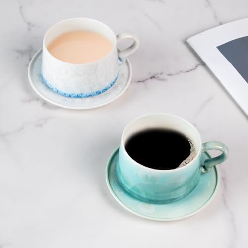 KAMMAK Tea Cups and Saucers Set of 2, 7.5 oz Glaze Coffee Mugs, 726N