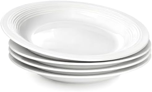 Soup and Pasta Bowls Set of 4, 9.25in Porcelain Wide Rim Plates