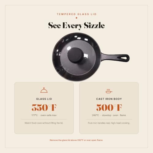 8 Inch Cast Iron Skillet with Glass Lid, Pre-Seasoned Frying Pan