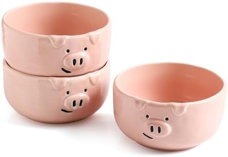 Pink Ceramic Pig Bowls, Set of 3, 13 oz