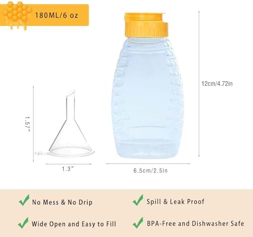 2 Pack Empty Plastic Honey Bottles with Funnel, 180ml Squeeze Honey
