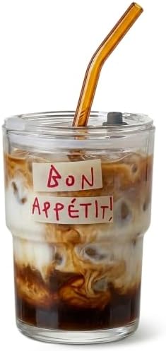 Olvini 13oz Glass Tumbler with Straw and Lid, Reusable Iced Coffee Cup