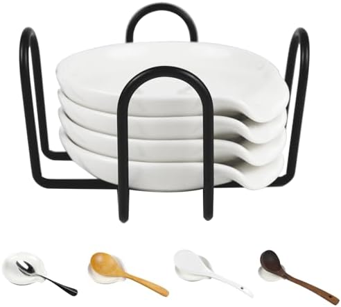 Ceramic Spoon Rest Set with Holder, 4 Pack
