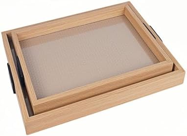 YWMSGM Leather Surface Wood Service Tray with Metal Handle, Decorative