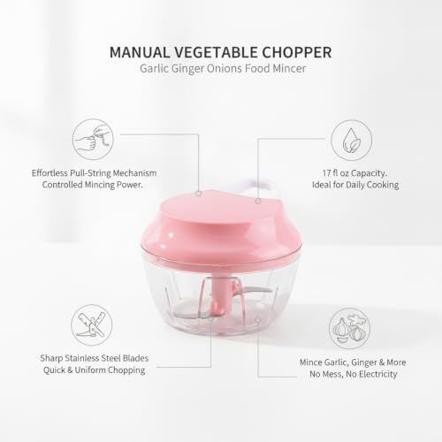 Manual Vegetable Chopper with Pull String, Metal Blades for Garlic