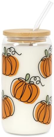 Joyseller 18oz Fall Pumpkin Iced Coffee Glass Cup with Lid & Straw