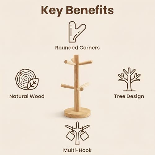 Happyupcity Wooden Mug Holder Tree Mug Rack with 6 Hooks Coffee Cup