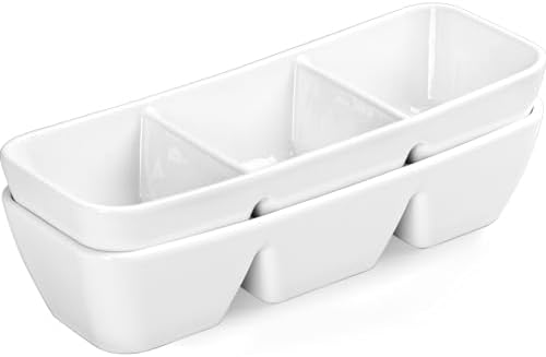 Ceramic Divided Serving Tray 11 Inch, 3 Compartment White Condiment Tray Set of 2, Stackable Chip and Dip Serving Dish for Entertaining, Appetizer Snack Platter for Party Holiday Game Day