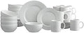Pfaltzgraff Sylvia Dinnerware Set 32-Piece Service for 8 - White Porcelain Dinner Plates, Salad Plates, Soup Bowls and Mugs with Embossed Scrollwork