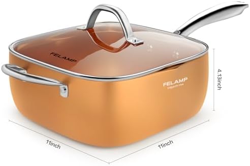 FELAMP 11-Inch Ceramic Nonstick Deep Square Frying Pan Set with Glass