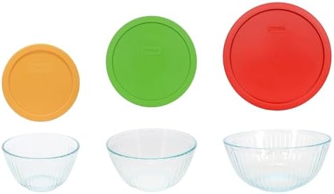 Pyrex Mixing Bowls 7401 7402 7403 w/Yellow, Green, Red Lids - Made in