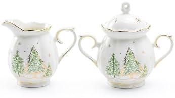Christmas Pine Trees Scallop Shaped Fine Porcelain Sugar & Creamer