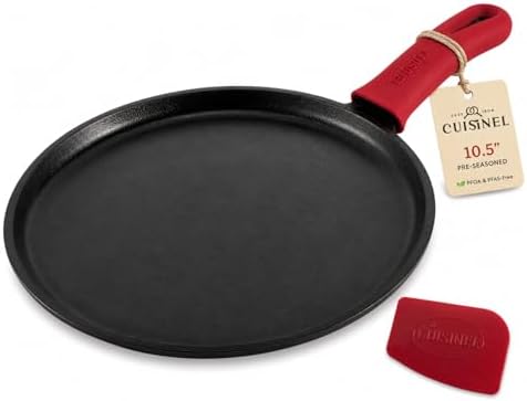 Cast Iron Round Griddle - 10.5”-Inch Crepe Maker Pan + Silicone Handle