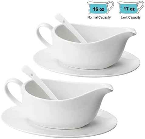 Qlans Gravy Boat With Ladle and Saucer 17 Oz,White Ceramic Sauce Boat