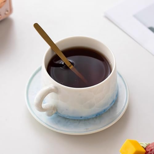 KAMMAK Tea Cups and Saucers Set of 2, 7.5 oz Glaze Coffee Mugs, 726N